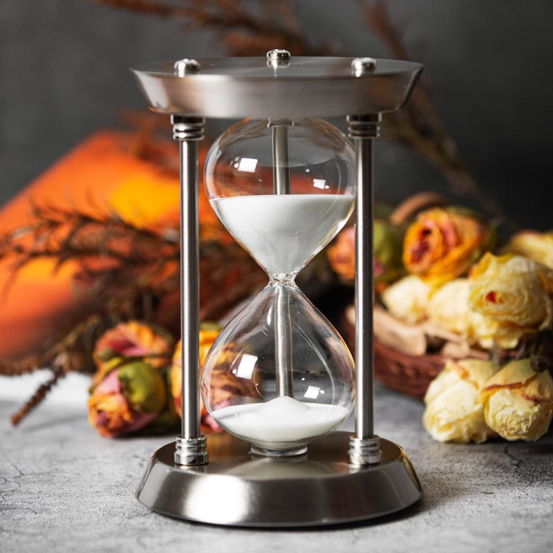 AKAKA MUNING 60 Minute Hourglass Sand Timer with Metal Frame, Big Size Antique Sand Clock, Silver - Image 1